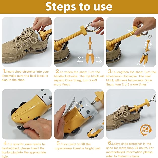 VIVEBEI Shoe Stretcher for Women and Men with Wide Feet, Shoe Tree Width and Length Adjustable 4-way Stretch, Yellow for Men
