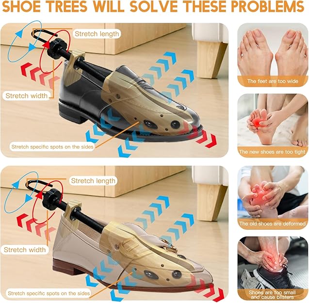 VIVEBEI Wooden Shoe Stretcher Women Men, Professional 4-Way Wooden Shoe Tree Stretch Length Width for Wide Feet