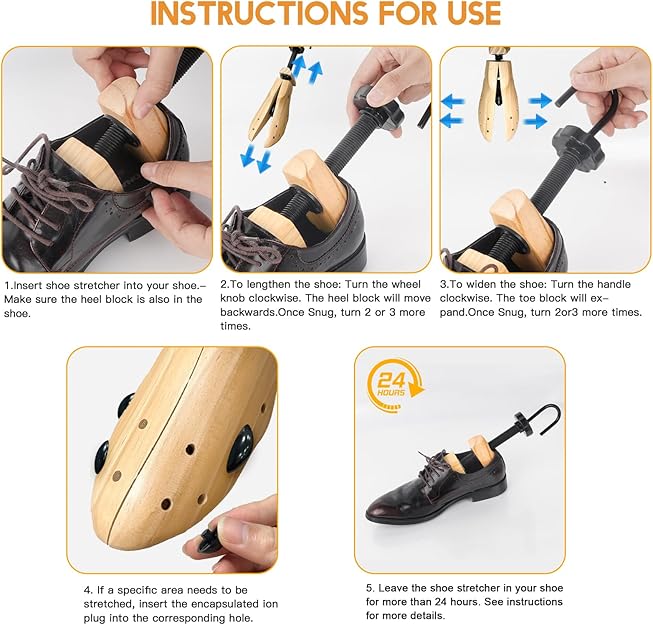 VIVEBEI Wooden Shoe Stretcher Women Men, Professional 4-Way Wooden Shoe Tree Stretch Length Width for Wide Feet