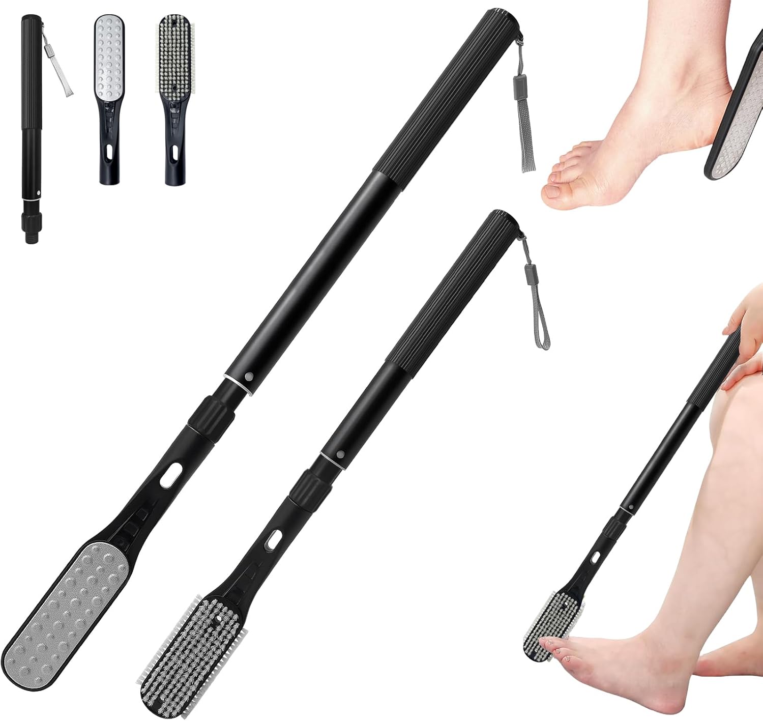 VIVEBEI Long Handle Foot Scrubber with Toe Gap Cleaner, 18.8" - 25.9" Telescopic Toe Cleaning Brush, Foot File Callus Remover for Men, Women and Seniors