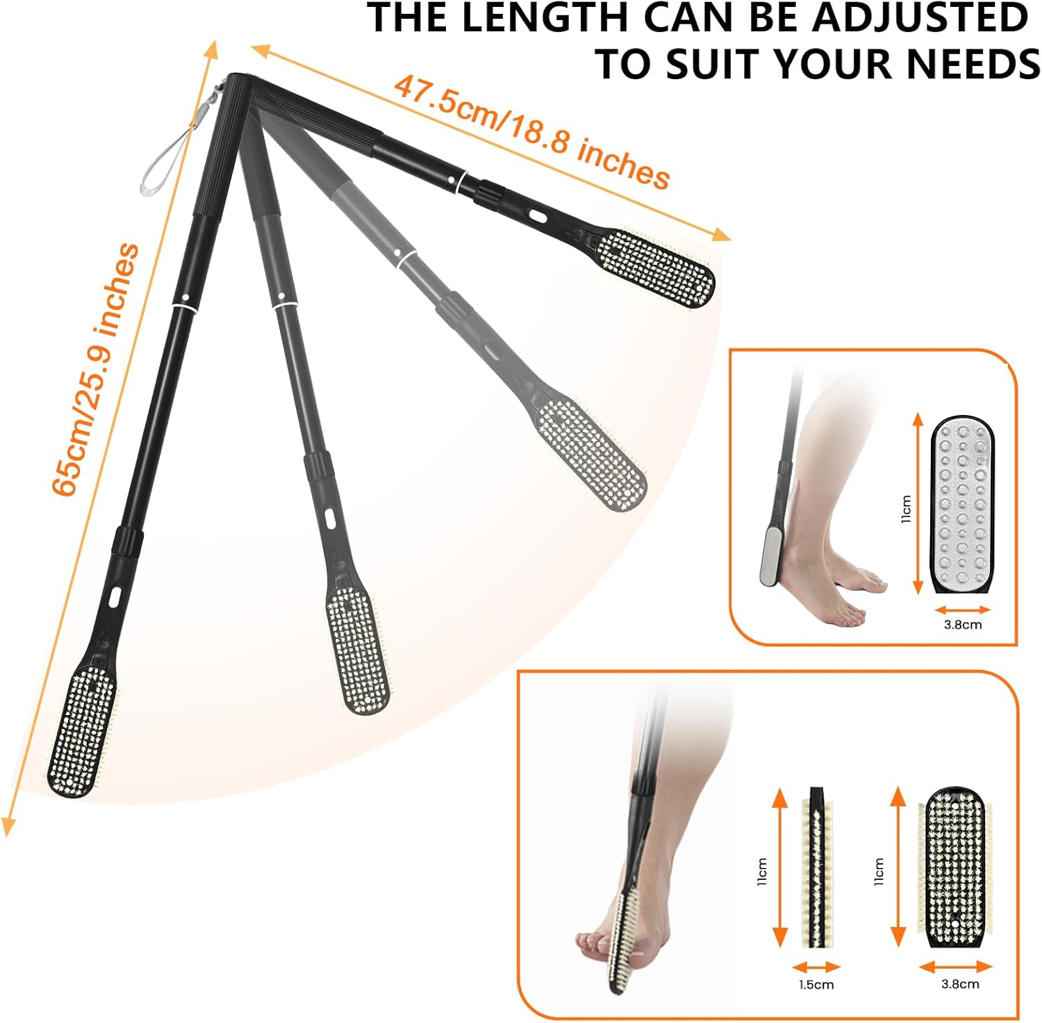 VIVEBEI Long Handle Foot Scrubber with Toe Gap Cleaner, 18.8" - 25.9" Telescopic Toe Cleaning Brush, Foot File Callus Remover for Men, Women and Seniors