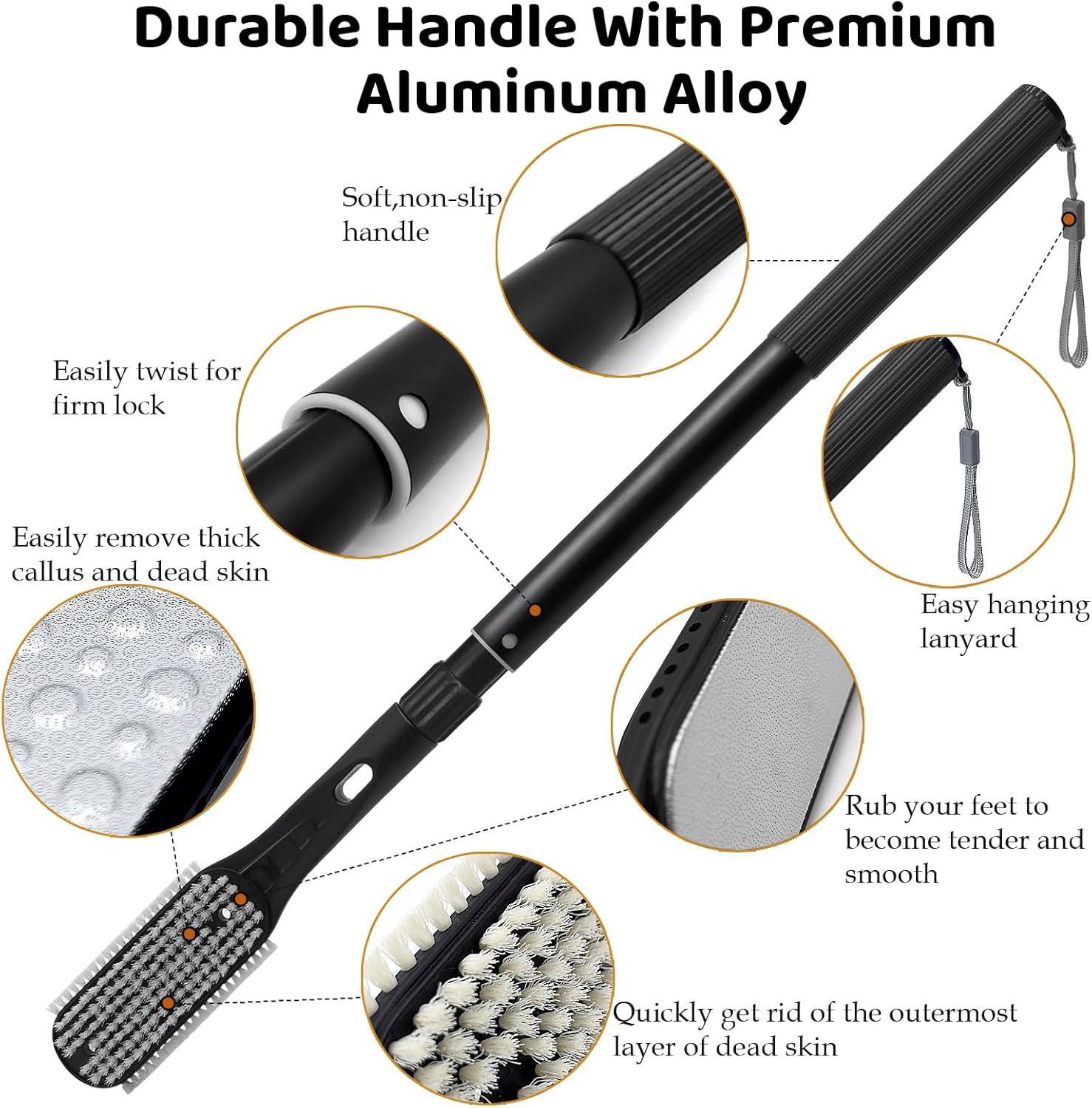 VIVEBEI Long Handle Foot Scrubber with Toe Gap Cleaner, 18.8" - 25.9" Telescopic Toe Cleaning Brush, Foot File Callus Remover for Men, Women and Seniors